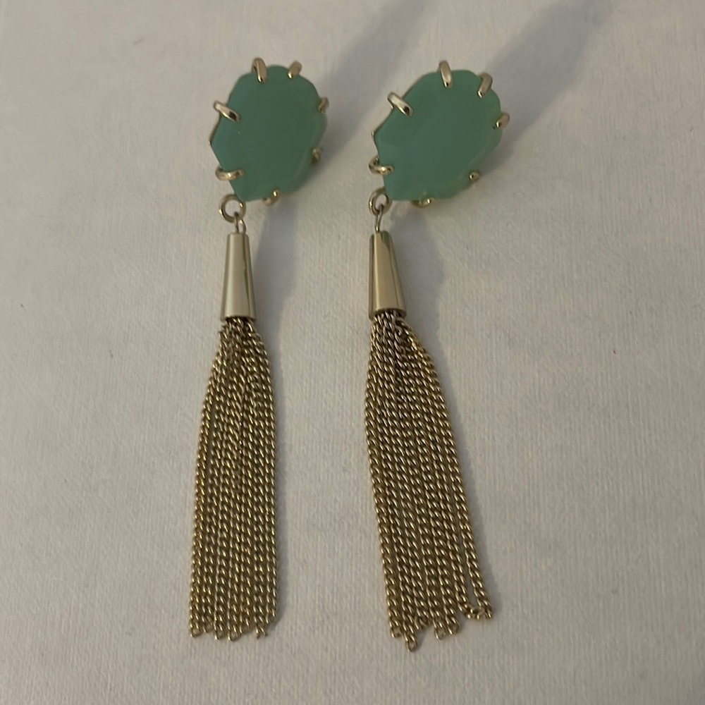 Kendra Scott - statement earring, light turquoise stone with chain fringe